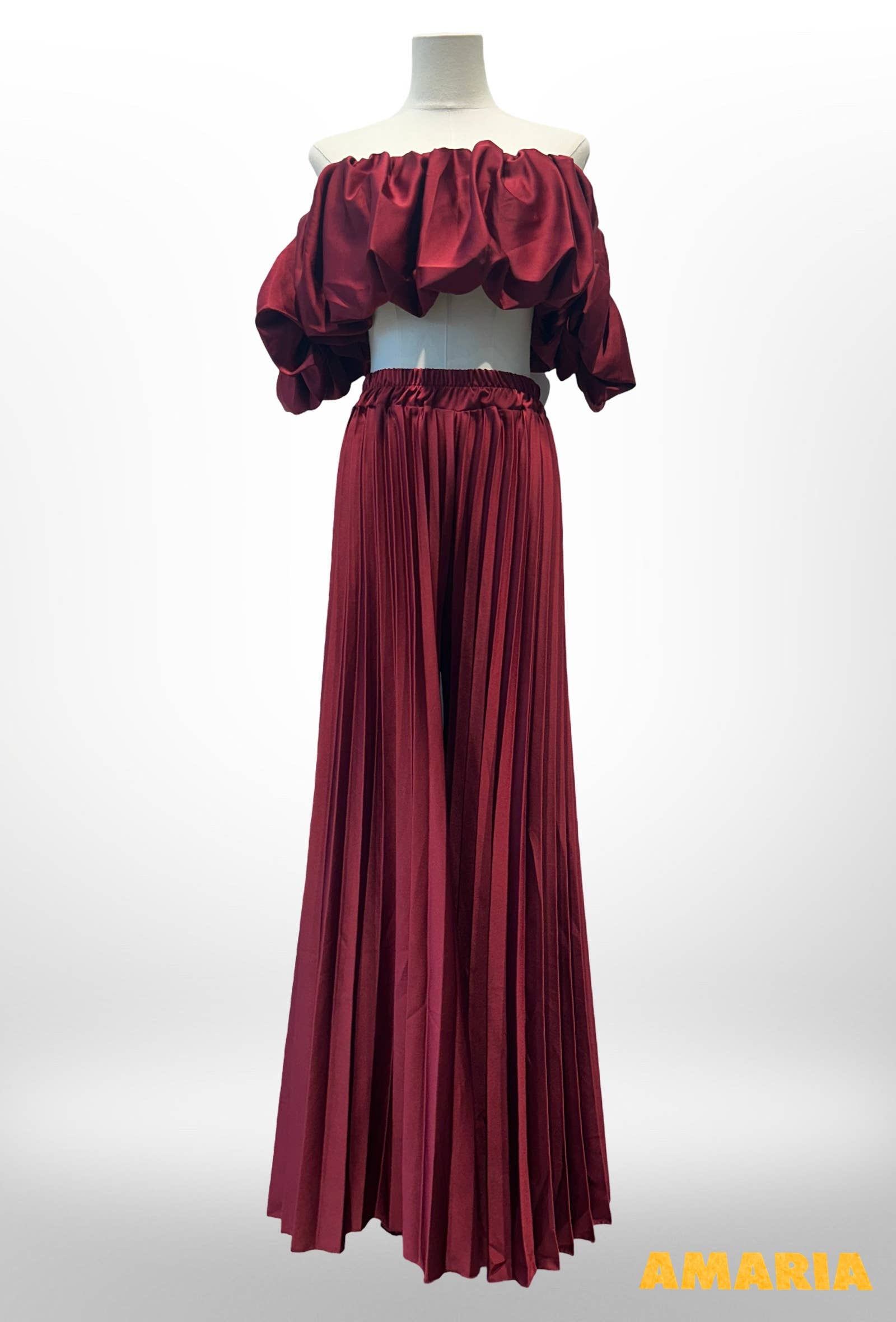 Ensemble Satiné – Top Bardot &Pantalon Palazzo Plissé