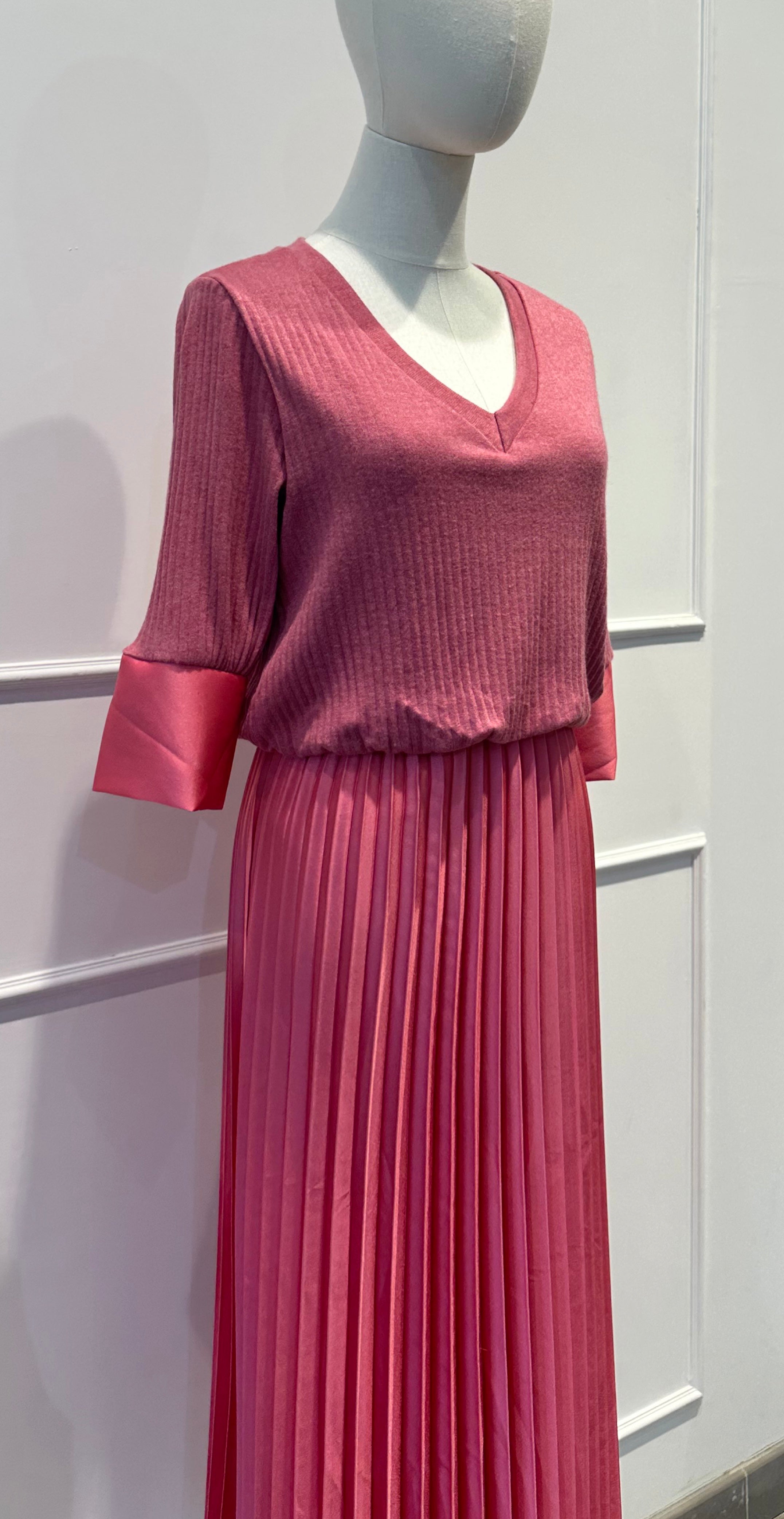 Robe Bimatière Jupe Plissée Maille Cotelée - VISCOSE