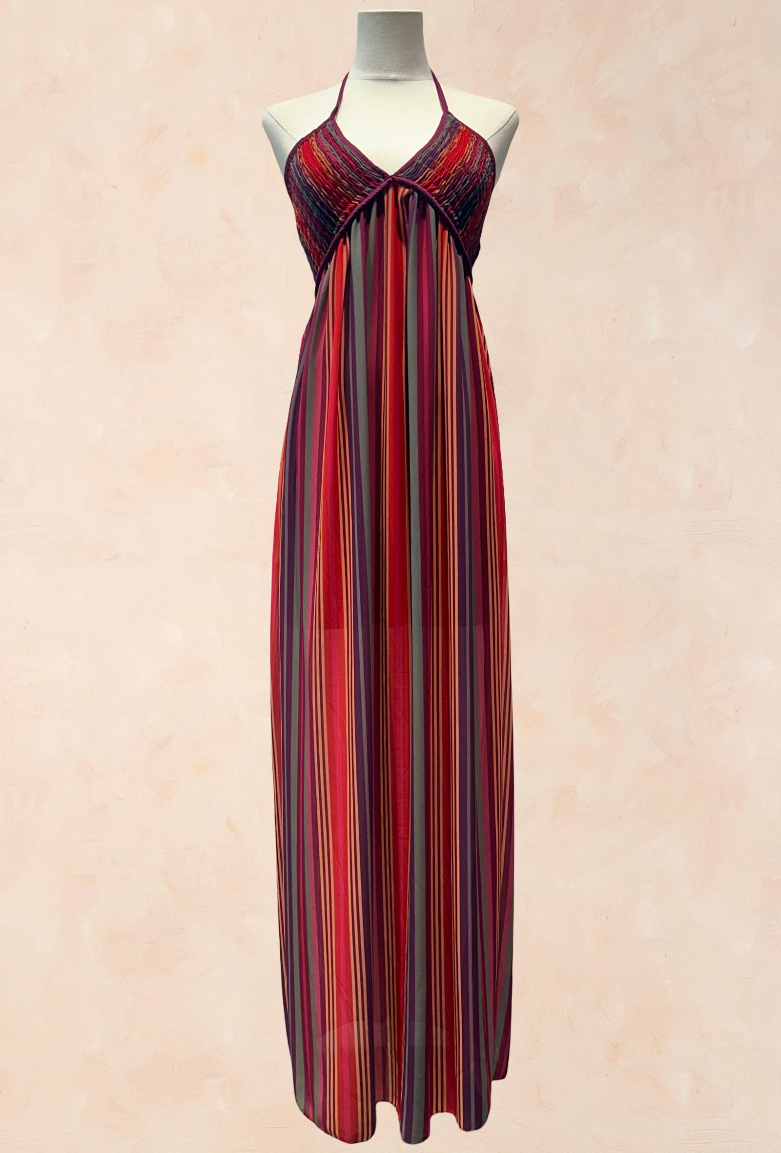 Robe Longue à Bretelles Rayée Smockée