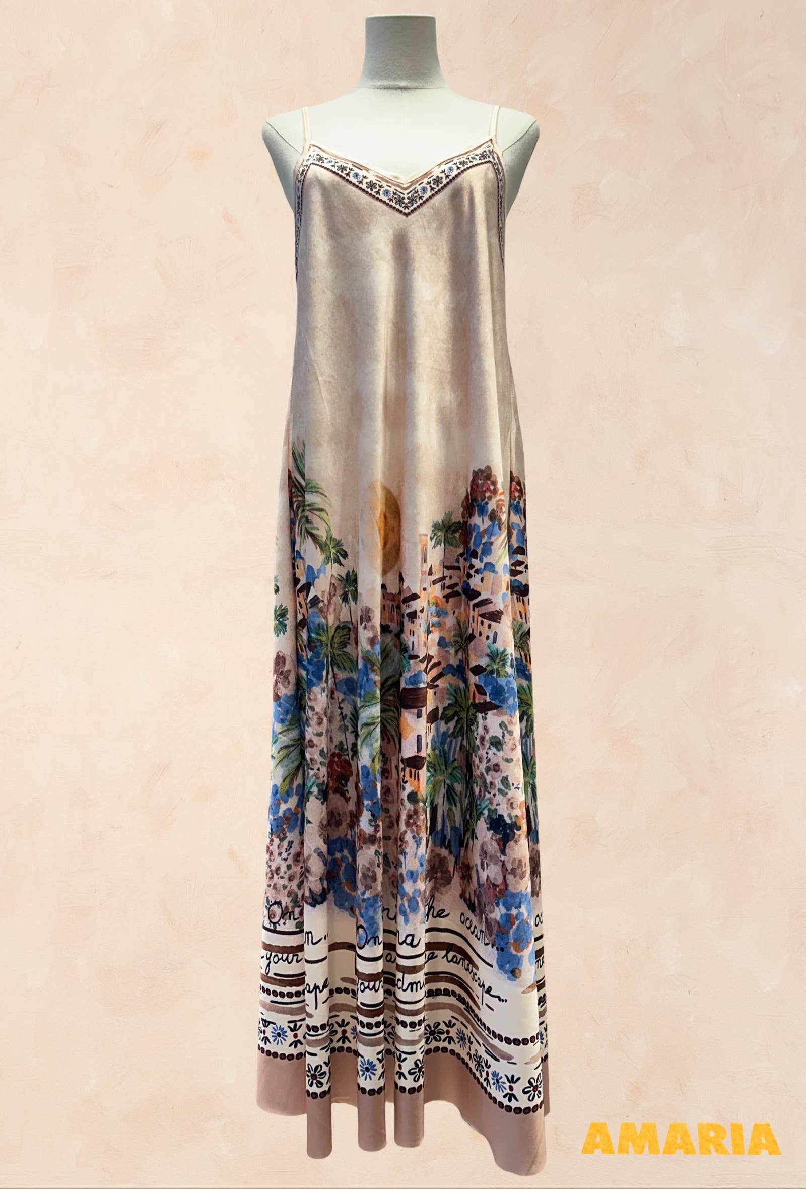 Robe bohème à bretelles – Imprimé paysage méditerrané