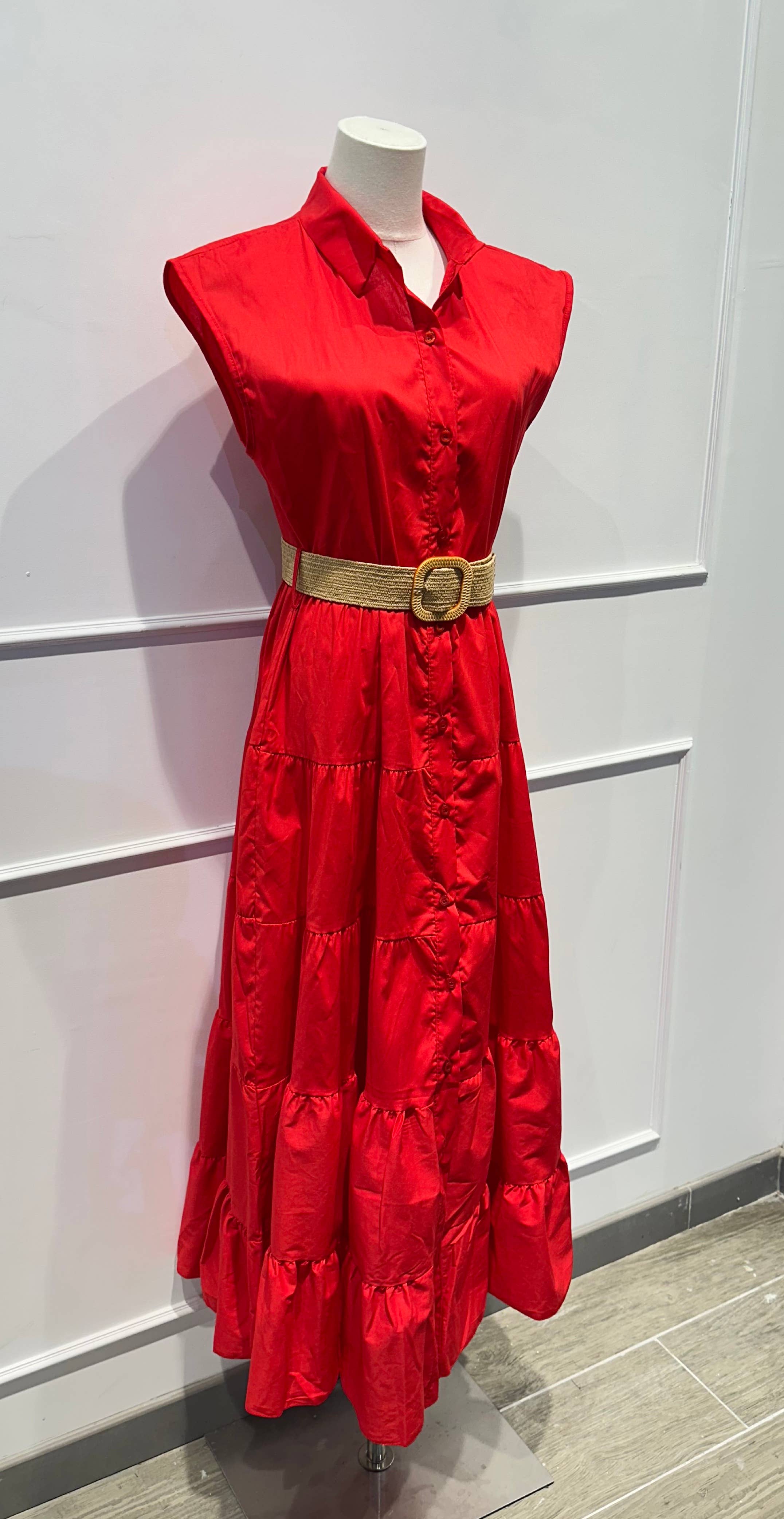 Robe longue sans manches ceinture Coton