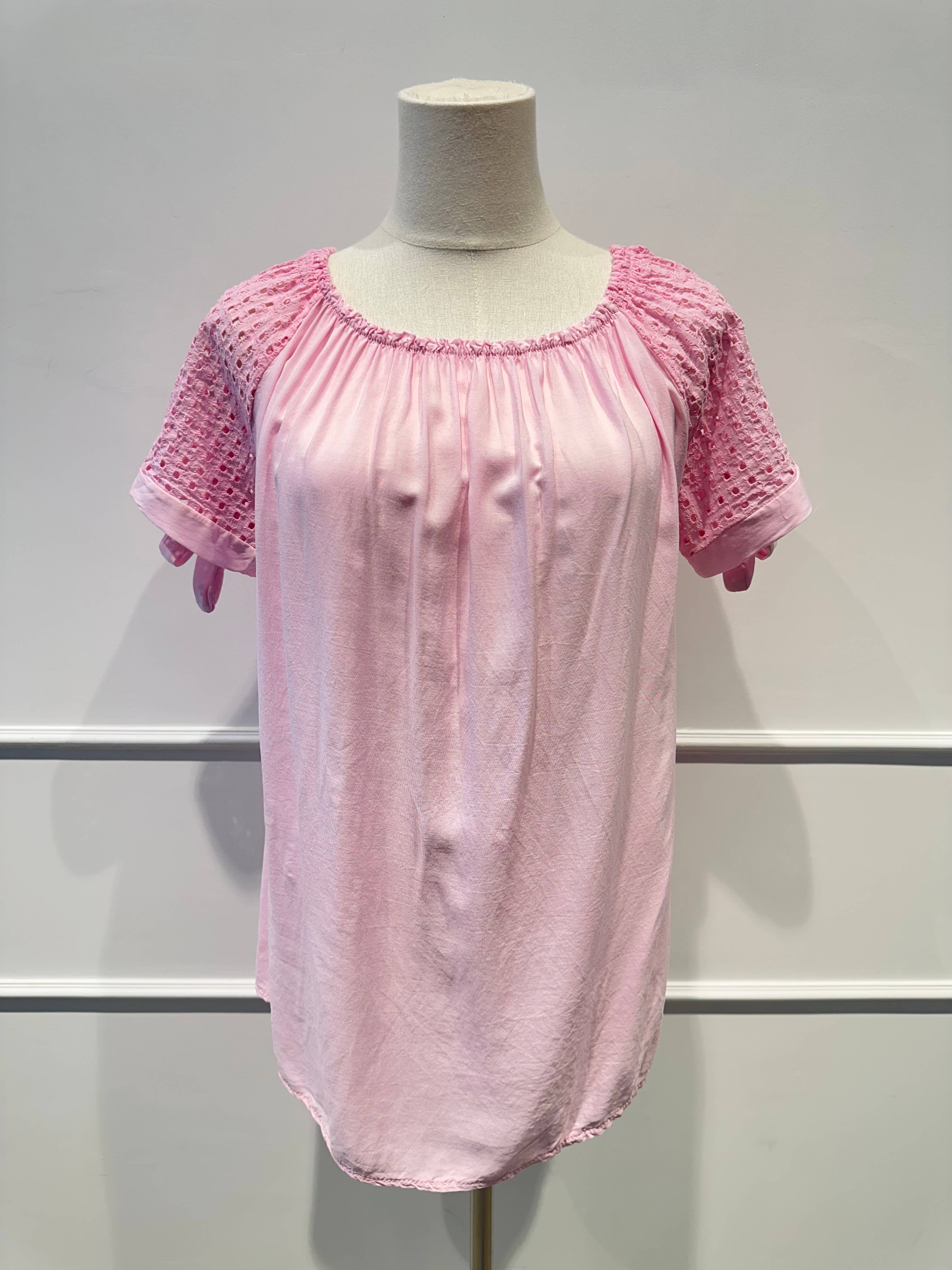 Blouse à Manches Brodées & Encolure Froncée