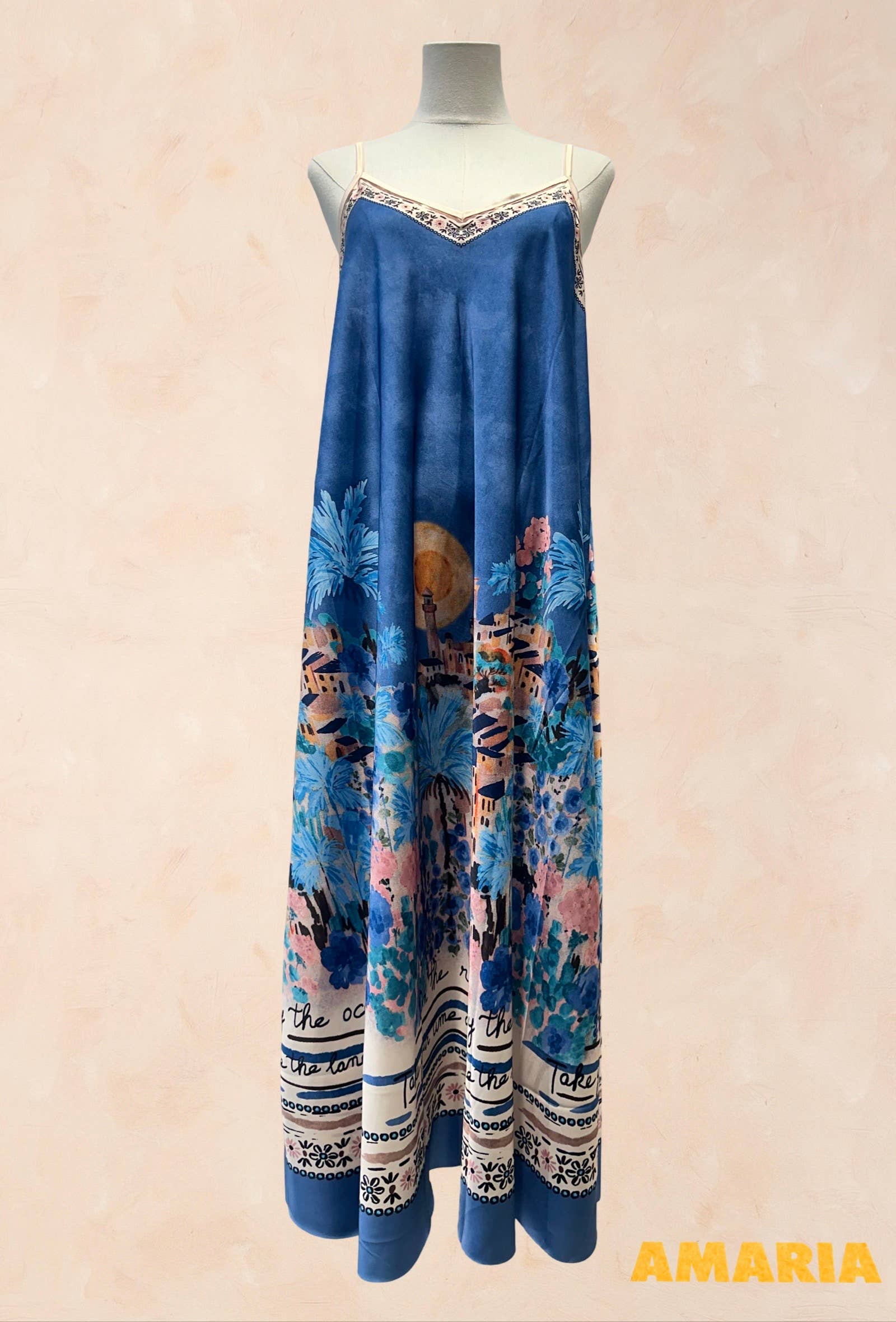 Robe bohème à bretelles – Imprimé paysage méditerrané
