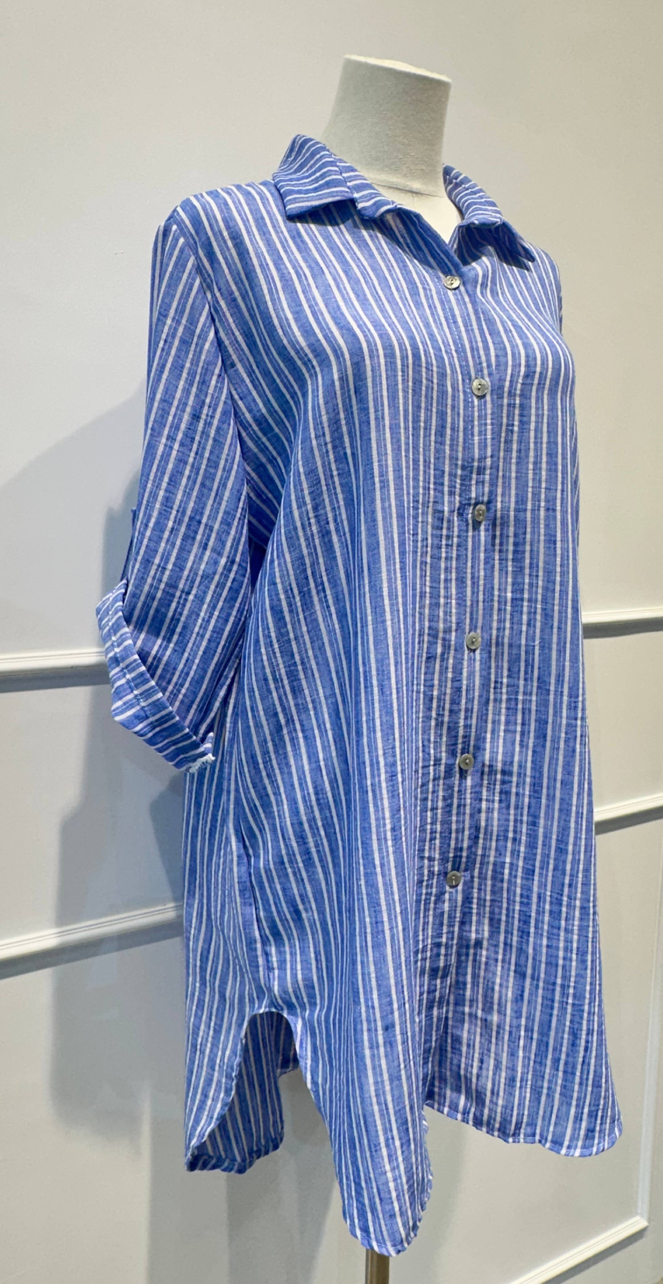Chemise longue légère à rayures bleu et blanc
