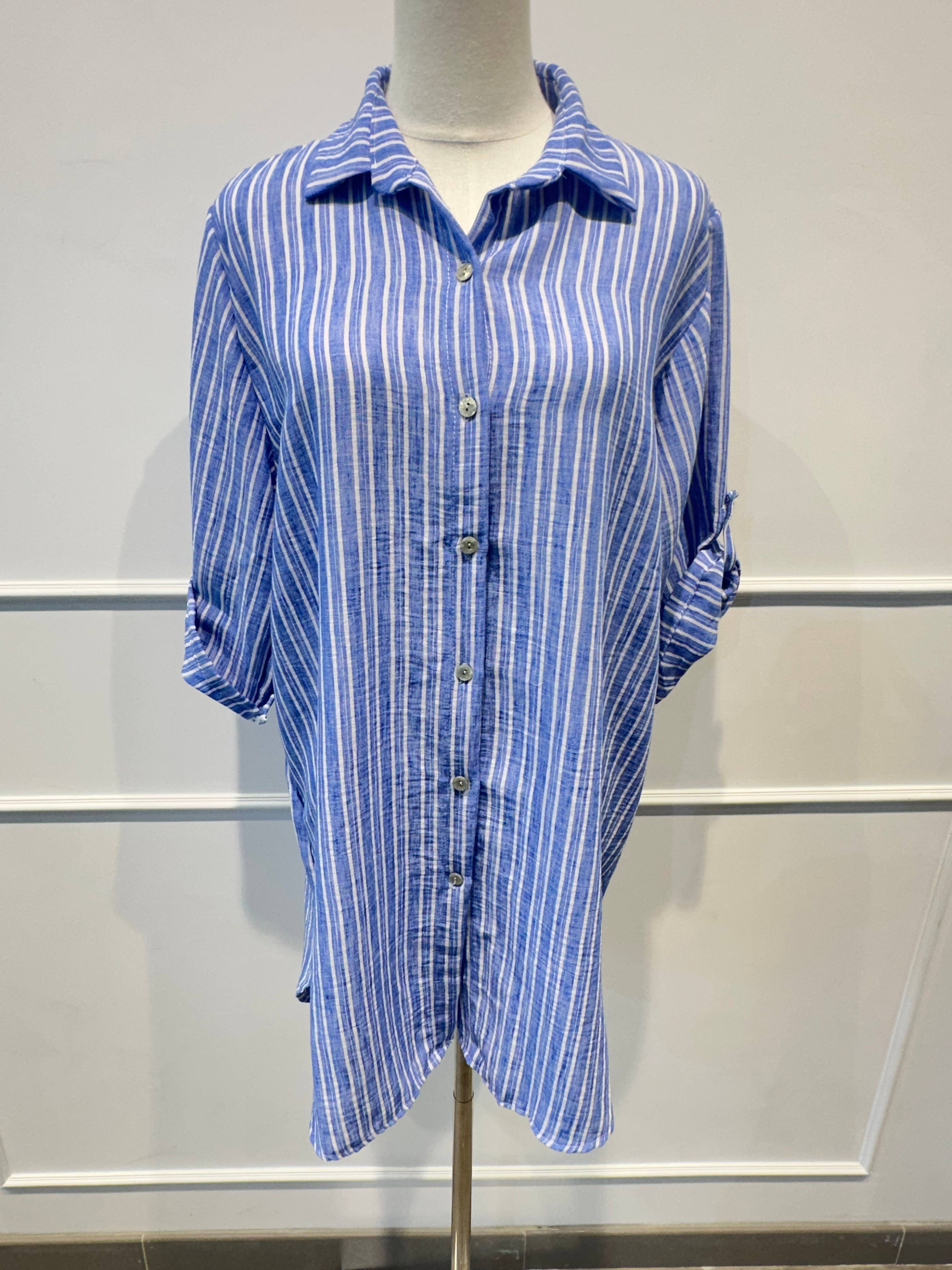 Chemise longue légère à rayures bleu et blanc