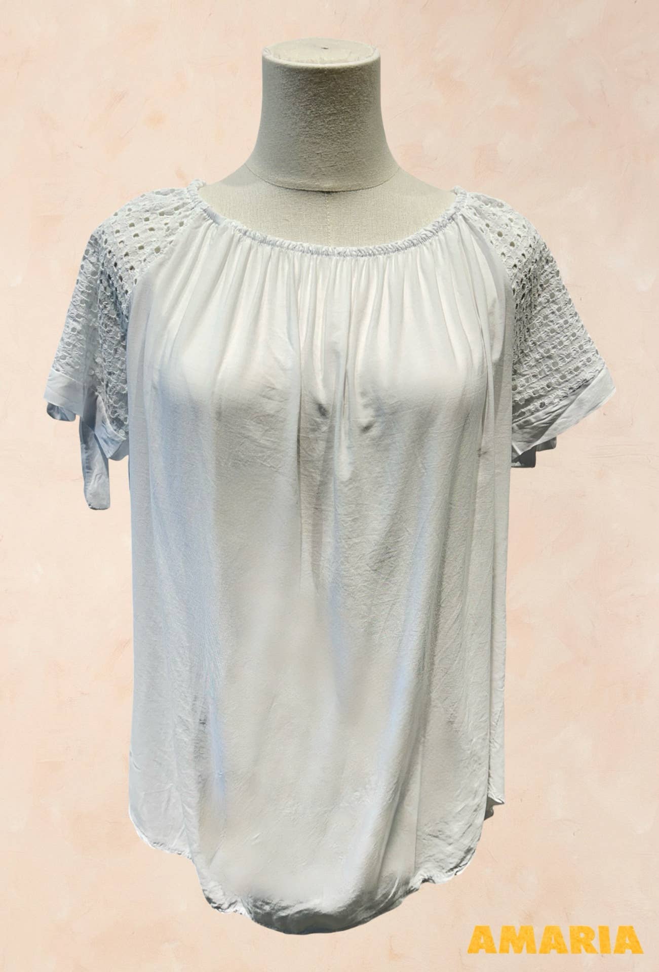 Blouse à Manches Brodées & Encolure Froncée