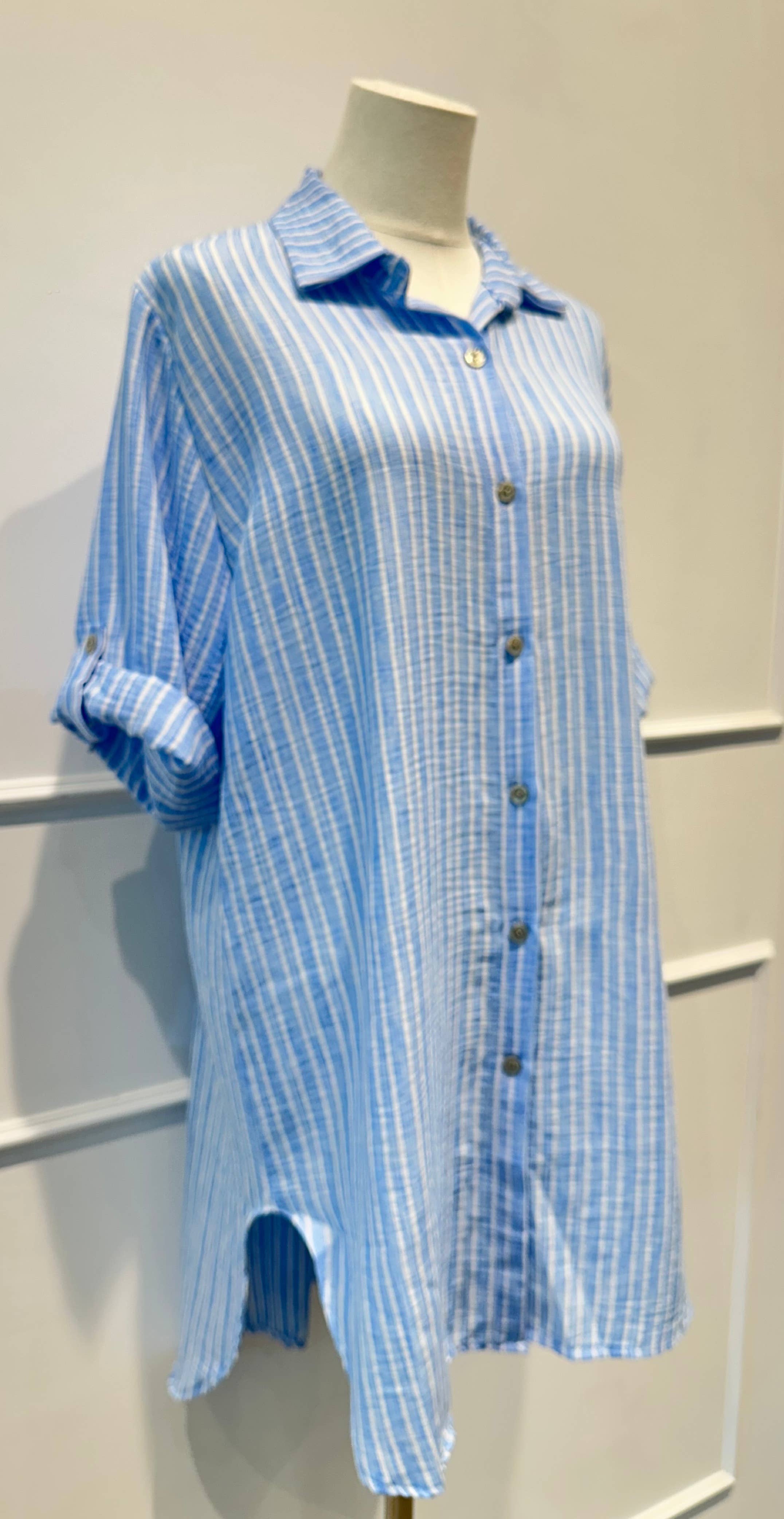 Chemise longue légère à rayures bleu et blanc