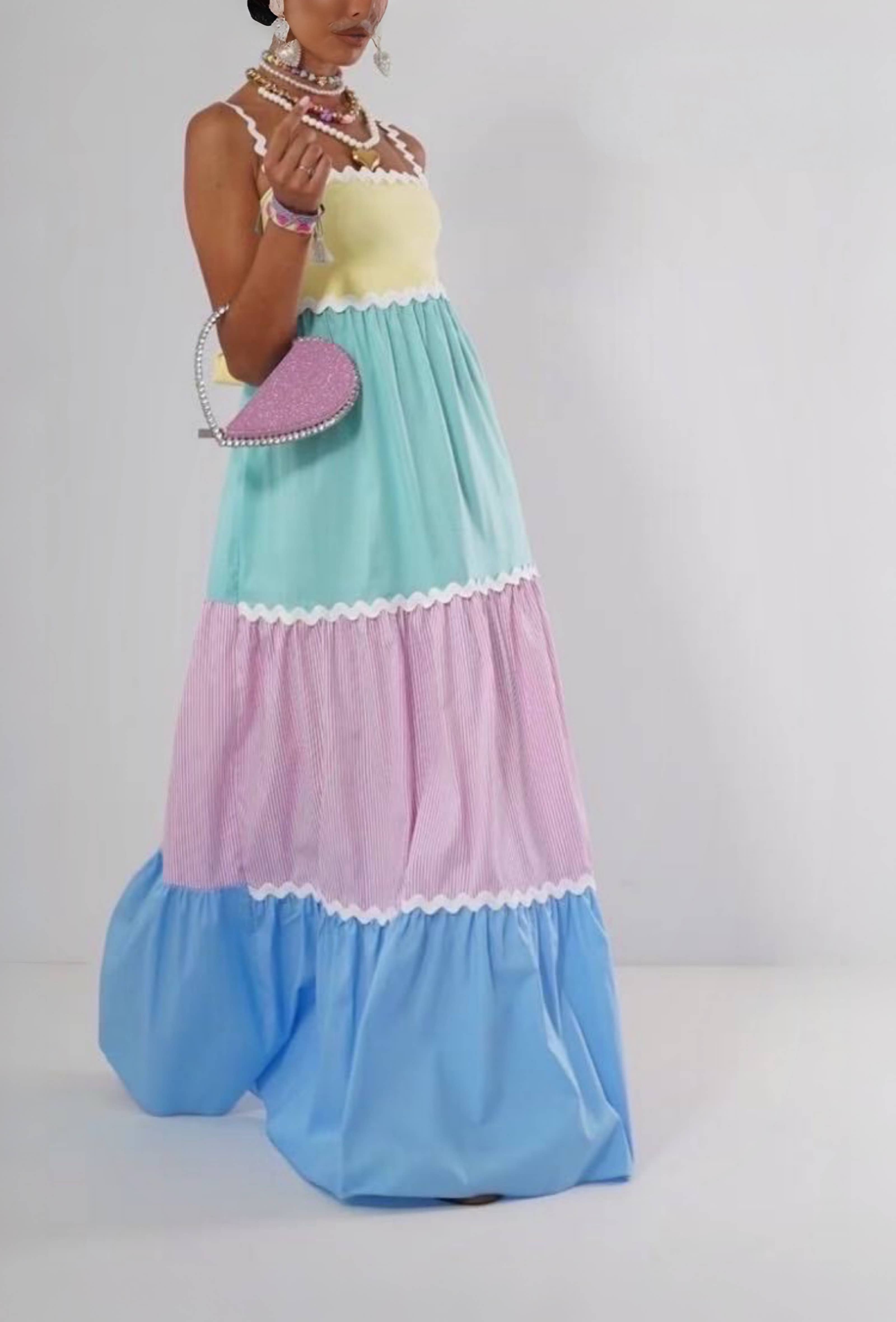 Robe longue Dolce Vita à volants pastel COTON