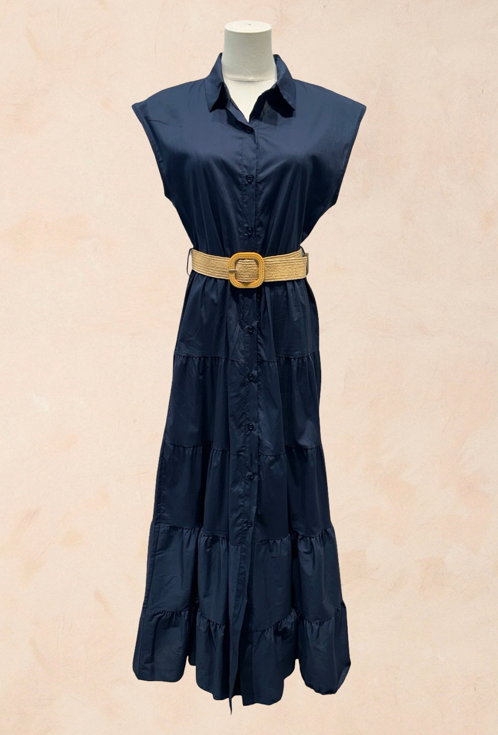 Robe chemise longue sans manches ceinture