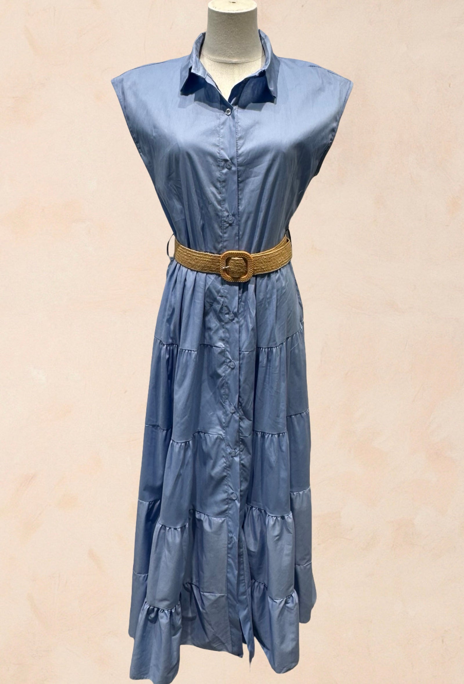 Robe chemise longue sans manches ceinture