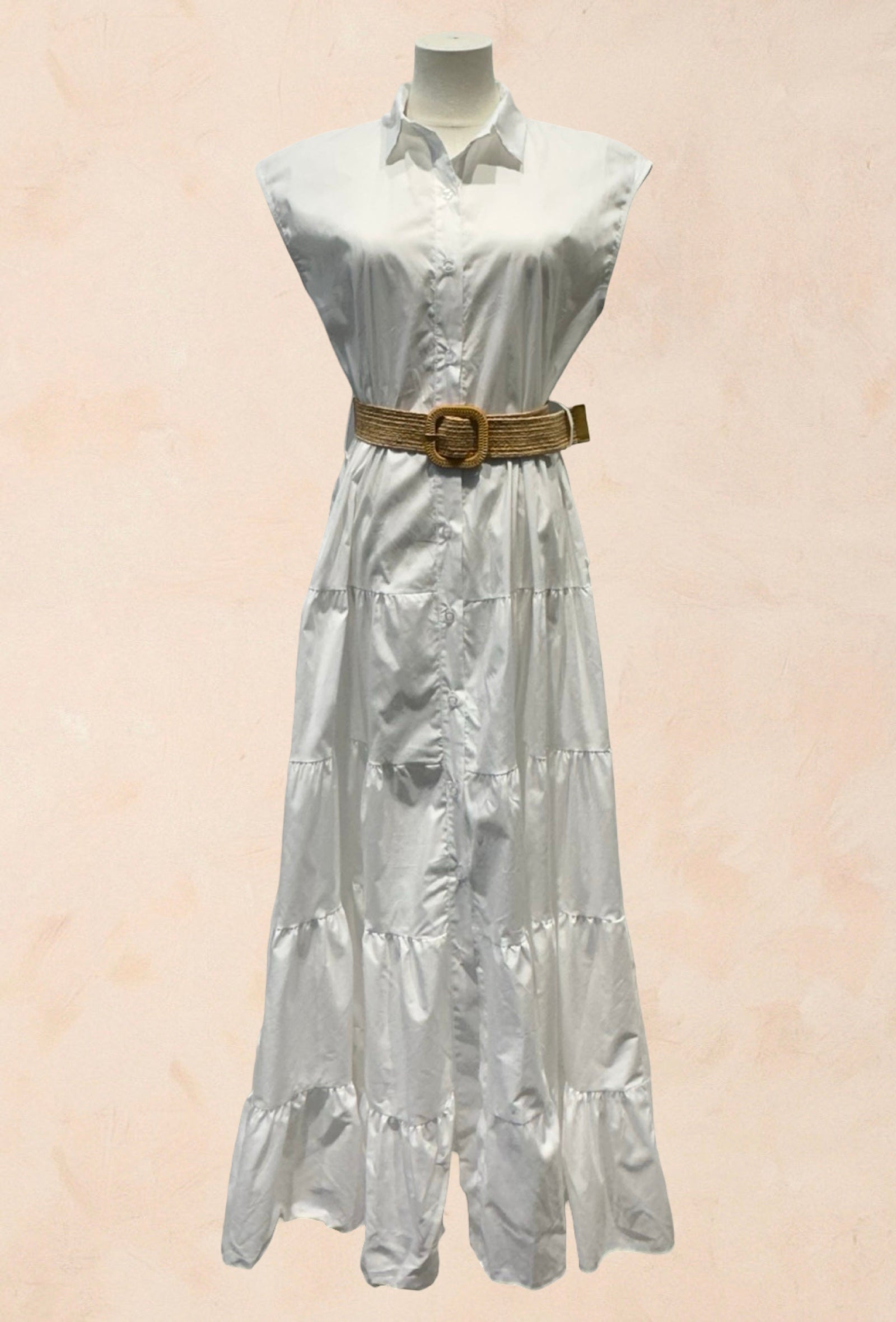 Robe chemise longue sans manches ceinture